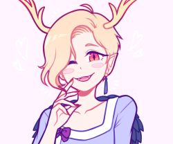 Rule 34 | 1girl, antlers, blonde hair, blue shirt, blush stickers, dragon girl, dragon horns, dreamysuite, earrings, fangs, hair over one eye, horns, jewelry, kicchou yachie, looking at viewer, nail polish, red eyes, red nails, shirt, short hair, smile, solo, touhou, turtle shell