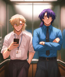 Rule 34 | 2boys, artist name, aventurine (honkai: star rail), belt, belt buckle, black belt, black necktie, black pants, blonde hair, blue eyes, blue shirt, breast pocket, buckle, buttons, cellphone, chalseu, closed mouth, collared shirt, commentary, cowboy shot, crossed arms, crossed bangs, dr. ratio (honkai: star rail), dress shirt, earrings, elevator, english commentary, frown, hair between eyes, hand in pocket, hand up, highres, holding, holding phone, honkai: star rail, honkai (series), id card, jewelry, lanyard, long sleeves, looking at another, male focus, mole, mole on neck, multicolored eyes, multiple boys, necktie, pants, parted bangs, phone, pocket, purple eyes, purple hair, red eyes, serious, shirt, shirt tucked in, short hair, sideways glance, sleeves rolled up, smartphone, smile, standing, stud earrings, tie clip, watch, white shirt, wing collar, wristwatch, yellow eyes