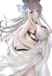 Rule 34 | 1girl, animal ears, ass, back, bra, breasts, butt crack, dress, fox ears, granblue fantasy, hair ornament, korwa, large breasts, legs, ljpwow, long hair, looking at viewer, panties, solo, standing, thighs, underwear, white background, white bra, white dress, white eyes, white hair, white panties