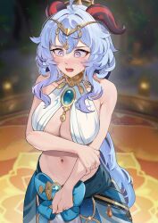 Rule 34 | 1girl, @ @, absurdres, ahoge, bare shoulders, blue hair, blurry, blurry background, blush, breasts, cosplay, embarrassed, esencey, ganyu (genshin impact), genshin impact, highres, horns, jewelry, large breasts, long hair, looking down, navel, nilou (genshin impact) (cosplay), open mouth, purple eyes, skirt, solo