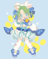 Rule 34 | 1girl, :d, alternate costume, animal ears, bell, blue background, blue bow, blue dress, blue eyes, blue footwear, bow, cat ears, dejiko, detached sleeves, di gi charat, dress, frills, full body, green hair, hair bow, hair ornament, jingle bell, looking at viewer, open mouth, ribbon, she li (lynxm), shoes, short hair, smile, solo