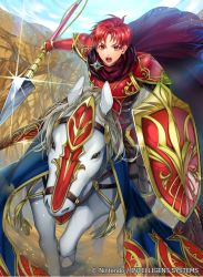 Rule 34 | alen (fire emblem), armor, cape, copyright name, fire emblem, fire emblem: the binding blade, fire emblem cipher, horse, male focus, matsurika youko, nintendo, official art, open mouth, polearm, red eyes, red hair, shield, solo, spear, teeth, weapon