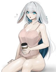Rule 34 | ...?, 1girl, absurdres, aqua eyes, aqua nails, bad id, bad twitter id, breasts, camisole, commentary request, commission, copyright request, cup, feet out of frame, grey hair, hair between eyes, highres, holding, holding cup, large breasts, long hair, nail polish, norunollu, parted lips, pink camisole, shadow, simple background, sitting, solo, very long hair, white background