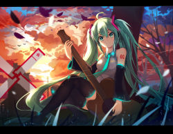 Rule 34 | 1girl, acoustic guitar, ahoge, baisi shaonian, black thighhighs, detached sleeves, green eyes, green hair, guitar, hair between eyes, hair ornament, hatsune miku, instrument, letterboxed, long hair, looking at viewer, matching hair/eyes, nail polish, necktie, sitting, skirt, solo, sunset, thighhighs, twintails, very long hair, vocaloid