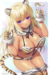 Rule 34 | 1girl, :o, animal ear fluff, animal ears, animal print, bikini, blonde hair, breasts, brown gloves, claw pose, cleavage, commission, fang, fur-trimmed gloves, fur trim, gloves, hagino kouta, hair between eyes, hands up, highres, large breasts, looking at viewer, multi-strapped bikini, original, parted lips, print bikini, purple eyes, skeb commission, solo, swimsuit, tail, tan, tiger ears, tiger girl, tiger print, tiger tail, translation request