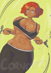 Rule 34 | 1girl, absurdres, blue eyes, bouncing breasts, breasts, corndawg, dark skin, exercising, female focus, flat belly, giovanna (guilty gear), guilty gear, guilty gear strive, highres, huge breasts, jump rope, large breasts, red hair, short hair, solo, sports bra, sportswear, surprised, sweatdrop, sweaty clothes