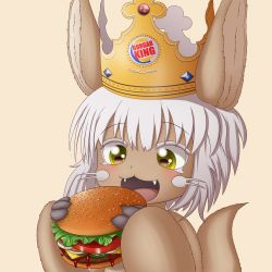 Rule 34 | 1other, :3, androgynous, animal ears, burger, burger king, eating, fangs, food, furry, highres, holding, holding food, horizontal pupils, ketchup, lettuce, looking at food, made in abyss, nanachi (made in abyss), open mouth, other focus, paper crown, rabbit ears, smugbuns, solo, tail, tomato, tomato slice, whiskers, white hair, yellow background, yellow eyes