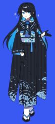 Rule 34 | 1girl, ado (utaite), black footwear, black gloves, black hair, black kimono, blue background, blue eyes, blue hair, blue sash, chando (ado), colored inner hair, commentary request, expressionless, floral print, full body, gloves, highres, japanese clothes, kimono, long hair, long sleeves, looking at viewer, mole, mole under eye, multicolored hair, niconico, obi, obijime, sandals, sash, sidelocks, socks, solo, sparkle, sparkle print, striped clothes, striped kimono, tabi, tassel, utaite, vertical-striped clothes, vertical-striped kimono, waka (wk4444), wave print, white socks, wide sleeves, zouri