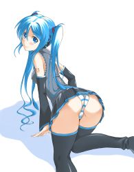 Rule 34 | 1girl, all fours, ass, bad id, bad pixiv id, blue eyes, blue hair, blush, chauncey, derivative work, detached sleeves, female focus, from behind, hatsune miku, headphones, highres, kneeling, long hair, looking at viewer, looking back, matching hair/eyes, necktie, panties, pantyshot, skirt, solo, striped clothes, striped panties, thighhighs, thighs, twintails, underwear, upskirt, very long hair, vocaloid