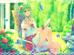 Rule 34 | 1girl, alternate costume, bad id, bad pixiv id, book, bookmark, breasts, bug, bush, butterfly, chair, choker, cleavage, cup, flower, green eyes, green hair, gumi, hair flower, hair ornament, holding, holding book, bug, knee up, looking at viewer, matching hair/eyes, open book, outdoors, pillow, red flower, red rose, rose, sakakidani, shoes, short hair, short hair with long locks, short sleeves, sidelocks, sitting, solo, table, teacup, vocaloid, wrist cuffs