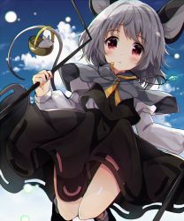 Rule 34 | 1girl, animal ears, bad id, bad pixiv id, basket, black skirt, black vest, blue sky, blush, capelet, cloud, commentary request, dowsing rod, jewelry, juliet sleeves, long sleeves, looking at viewer, mouse (animal), mouse ears, mouse tail, nazrin, necklace, parted lips, pendant, puffy sleeves, red eyes, shirt, short hair, silver hair, skirt, sky, solo, tail, thighs, touhou, uguisu mochi (ykss35), vest, white shirt