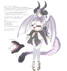 Rule 34 | 1girl, absurdres, breasts, character request, cleavage, demon girl, demon horns, demon tail, detached sleeves, full body, highres, horns, huge breasts, kurokawa otogi, o-ring, o-ring top, original, sketch, smile, snake tail, tail, thighhighs, translation request, two side up, white thighhighs