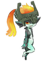 Rule 34 | 1girl, black skin, chamaji, colored sclera, colored skin, commentary request, fang, green skin, helmet, looking at viewer, midna, multicolored skin, navel, nintendo, one eye covered, orange hair, pointy ears, red eyes, smile, solo, the legend of zelda, the legend of zelda: twilight princess, two-tone skin, white background, yellow sclera