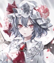 Rule 34 | 1girl, absurdres, ascot, bat wings, brooch, collared shirt, frilled shirt collar, frills, grey hair, hair between eyes, hanaya (fleur), hat, highres, jewelry, mob cap, open mouth, red ascot, red eyes, remilia scarlet, shirt, short hair, solo, touhou, upper body, white hat, white shirt, wings