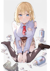 Rule 34 | 1girl, :t, absurdres, apex legends, battery, black thighhighs, blonde hair, blue eyes, breasts, brown footwear, brown skirt, bullet, collar, collared shirt, crying, crying with eyes open, from above, frown, gun, hair ornament, highres, hololive, hololive english, holomyth, light blush, looking at viewer, medium breasts, medium hair, monocle, necktie, nuebunny, plaid, plaid skirt, pout, red necktie, shell casing, shirt, shoes, single shoe, sitting, skirt, solo, submachine gun, teardrop, tears, thighhighs, torn clothes, torn necktie, torn shirt, torn skirt, torn thighhighs, virtual youtuber, wariza, watson amelia, watson amelia (1st costume), weapon, white collar, white shirt