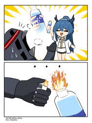 Rule 34 | ..., 1girl, 1other, 2koma, alcohol, ambiguous gender, arknights, blue hair, burning, comic, commentary, doctor (arknights), dragon girl, dragon horns, english commentary, english text, gloves, highres, holding, holding lighter, horns, lighter, ling (arknights), pocari sweat, soda bottle, sweatdrop, tofudofu, vodka