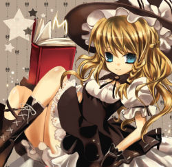 Rule 34 | 1girl, alternate costume, bad id, bad pixiv id, blonde hair, blue eyes, book, boots, braid, cross-laced footwear, female focus, gloves, hat, kirisame marisa, lace, lace-up boots, mayo (miyusa), neck ribbon, ribbon, sitting, smile, solo, star (symbol), touhou, witch, witch hat