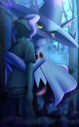 Rule 34 | animal penis, anon, blush, covering eyes, covering face, covering privates, creatures (company), domination, erection, game freak, gen 4 pokemon, ghost, grass, highres, imminent penetration, interspecies, katahane3, kneeling, looking at another, male focus, mismagius, nintendo, open mouth, outdoors, penis, pokemon, poku00e9philia, pseudo clothing, red eyes, sclera, shirt, smile, spirit, bad tag, tagme, tree