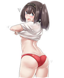 Rule 34 | ^^^, 1girl, absurdres, akizuki (kancolle), alternate costume, ass, black hair, blue eyes, breasts, butt crack, clothes writing, cowboy shot, dimples of venus, from behind, hachimaki, headband, highres, kantai collection, kiritto, looking at viewer, looking back, panties, ponytail, red panties, shirt, simple background, small breasts, solo, t-shirt, underboob, underwear, undressing, white background