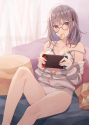 Rule 34 | 1girl, absurdres, bare legs, bare shoulders, blush, bra, breasts, brown-framed eyewear, brown hair, chips (food), cleavage, collarbone, feet out of frame, food, glasses, highres, holding, indoors, jacket, knee up, long sleeves, looking at viewer, medium breasts, minasenagi, mouth hold, nintendo switch, no pants, off shoulder, open clothes, open jacket, original, panties, partially unzipped, playing games, purple eyes, short hair, solo, strap slip, striped clothes, striped jacket, underwear, white bra, white panties