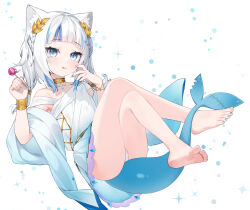 Rule 34 | :p, animal ears, barefoot, blue eyes, blue nails, blunt bangs, bracelet, braid, candy, cat ears, dress, facial tattoo, fins, fish tail, flat chest, food, french braid, full body, gawr gura, gawr gura (party dress), gold choker, gold wrist cuffs, gradient dress, hair ornament, highres, holding, holding candy, holding food, holding lollipop, hololive, hololive english, hoshi usagi, jewelry, lollipop, looking at viewer, medium hair, multicolored hair, official alternate costume, panties, pendant choker, shark girl, shark tail, sidelocks, simple background, stitches, streaked hair, tail, tattoo, tongue, tongue out, twintails, underwear, virtual youtuber, white background, white dress, white hair, white panties, wide sleeves, wrist cuffs