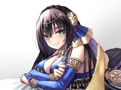 Rule 34 | 1girl, bikini, black hair, blue bikini, blue bridal gauntlets, blue eyes, blue gemstone, blue ribbon, blush, braid, breasts, bridal gauntlets, brown hair, cleavage, closed mouth, commentary, commission, crown braid, earrings, gem, gold, green eyes, green gemstone, hair between eyes, hair ribbon, heterochromia, highres, jewelry, kimsuwan2013, large breasts, long hair, looking at viewer, lying, mahjong soul, medium bangs, necklace, on stomach, ribbon, sara (mahjong soul), simple background, smile, solo, swimsuit, tassel, upper body, white background