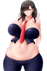 Rule 34 | 1girl, bare shoulders, black hair, blue eyes, breasts, bursting breasts, cameltoe, curvy, glasses, hands on own hips, huge breasts, long hair, looking at viewer, navel, necktie, original, saogokushi, simple background, solo, standing, thick thighs, thighs, white background, wide hips
