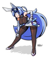 Rule 34 | 1girl, absurdly long hair, anchor ornament, animal ears, azur lane, black leotard, blue hair, bodystocking, breasts, coat, commentary, elbow gloves, english commentary, fake animal ears, gloves, high heels, highres, leotard, long hair, looking at viewer, miniskirt, new jersey (azur lane), pantyhose, rabbit ears, sirhoopsalot, skirt, smile, solo, very long hair, white gloves