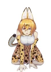 Rule 34 | 1girl, all fours, animal ear fluff, animal ears, bare shoulders, blonde hair, bow, bowtie, breasts, cinko, commentary request, elbow gloves, full body, gloves, highres, kemono friends, large breasts, looking at viewer, open mouth, print bow, print bowtie, print skirt, print thighhighs, serval (kemono friends), serval print, shirt, shirt tucked in, simple background, skirt, solo, tail, thighhighs, traditional bowtie, white background, white shirt, yell