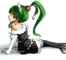 Rule 34 | acme iku, green hair, lowres, maid, maidloid, ponytail, smile, solo, tattoo, thighhighs, vocaloid