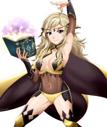Rule 34 | 1girl, absurdres, ahoge, armpits, artist name, blonde hair, bodystocking, book, breasts, cape, collarbone, covered navel, cropped legs, detached sleeves, determined, female focus, fire emblem, fire emblem fates, gauntlets, grey eyes, groin tendon, hair over breasts, headgear, highres, holding, holding book, knees, long hair, looking at viewer, magic, medium breasts, navel, nintendo, ophelia (fire emblem), panties, see-through, signature, simple background, smile, smirk, solo, standing, thighhighs, thunder&#039;s fist, underwear, white background, yellow cape, yellow panties