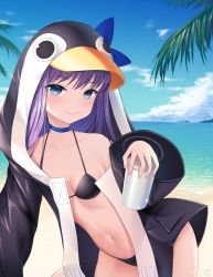 Rule 34 | 1girl, animal hood, bare shoulders, beach, bikini, black bikini, blue eyes, blue sky, blush, bottle, breasts, choker, closed mouth, cloud, cloudy sky, collarbone, commentary request, cowboy shot, dated, fate/grand order, fate (series), hair between eyes, hand up, highres, holding, holding bottle, hood, horizon, jacket, long hair, long sleeves, looking at viewer, meltryllis, meltryllis (fate), meltryllis (swimsuit lancer) (fate), meltryllis (swimsuit lancer) (first ascension) (fate), navel, ocean, open clothes, open jacket, penguin hood, purple hair, ribbon, single bare shoulder, sky, sleeves past fingers, sleeves past wrists, small breasts, smile, solo, sue (myblackstar5), swimsuit, very long hair