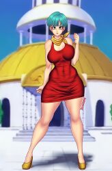 Rule 34 | 1girl, absurdres, alternate breast size, aqua eyes, aqua hair, bare legs, bare shoulders, bemannico, blue eyes, blue hair, breasts, breasts squeezed together, bulma, curvy, day, dragon ball, dragonball z, dress, earrings, full body, highres, hoop earrings, jewelry, large breasts, looking at viewer, red dress, shiny skin, short dress, short hair, skindentation, sky, smile, standing, thick thighs, thighs, wide hips