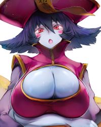 Rule 34 | 1girl, blue hair, blue skin, blush stickers, breasts, chinese clothes, cleavage, cleavage cutout, clothing cutout, colored skin, fang, flipped hair, hat, highres, jiangshi, large breasts, lei lei, purple hair, red eyes, short hair, solo, vampire (game)