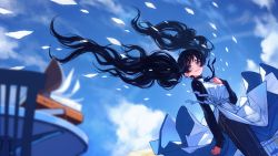 Rule 34 | 1girl, black hair, black neckwear, black shirt, blue eyes, blue pants, blue sky, book, chair, cloud, cloudy sky, day, dress, dutch angle, feet out of frame, hand on own chest, highres, kaneni, long hair, long sleeves, original, outdoors, pants, parted lips, shirt, sky, smile, solo, table, twintails, very long hair, white dress, wind