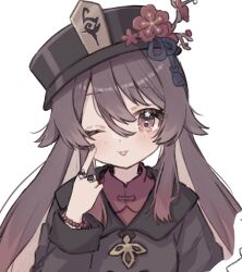 Rule 34 | 1girl, ;p, armlet, black hat, black nails, blush, brown eyes, brown hair, collared coat, finger to cheek, flower, genshin impact, hair between eyes, hat, hat flower, hat tassel, highres, hu tao (genshin impact), index finger raised, jewelry, long hair, long sleeves, looking at viewer, multiple rings, one eye closed, ring, roku 6, solo, tongue, tongue out, twintails, white background