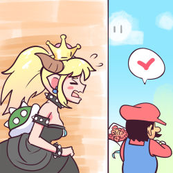 Rule 34 | 1boy, 1girl, 1koma, absurdres, armlet, black dress, blonde hair, blue overalls, bouquet, bowsette, bracelet, brooch, collar, comic, commentary, day, dress, earrings, flower, gimme2000, hat, heart, highres, horns, jewelry, long hair, mario, mario (series), new super mario bros. u deluxe, nintendo, outdoors, overalls, pointy ears, ponytail, red hat, red shirt, shirt, spiked armlet, spiked bracelet, spiked collar, spiked shell, spiked tail, spikes, spoken heart, super crown, sweatdrop, tail, thick eyebrows
