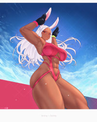 Rule 34 | 1girl, abs, alternate costume, animal ears, armpits, arms up, boku no hero academia, breasts, cleavage, clothing cutout, commentary, curvy, dark-skinned female, dark skin, day, english commentary, from below, gabriel carrasquillo, gloves, highleg, highleg leotard, highres, large breasts, leotard, long hair, looking at viewer, mirko, muscular, muscular female, outdoors, pink leotard, rabbit ears, rabbit girl, red eyes, skindentation, solo, standing, stomach cutout, thick thighs, thighs, very long hair