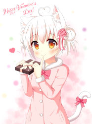 Rule 34 | 1girl, absurdres, ahoge, animal ears, blurry, blurry background, blush, bow, box, cat ears, cat girl, cat tail, closed mouth, coat, commentary request, depth of field, flower, fur-trimmed coat, fur-trimmed sleeves, fur trim, gift, gift box, hair between eyes, hair flower, hair ornament, happy valentine, heart, heart ahoge, highres, holding, holding gift, long sleeves, looking at viewer, orange eyes, original, pink bow, pink coat, pink flower, pink rose, rose, smile, solo, tail, tail bow, tail ornament, valentine, white background, white hair, xiaosamiao