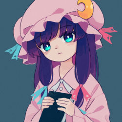 Rule 34 | 1girl, alternate eye color, blue eyes, blue ribbon, book, crescent, crescent hat ornament, dress, green background, hair ribbon, hat, hat ornament, hat ribbon, holding, holding book, long hair, looking at viewer, mob cap, patchouli knowledge, pink dress, pink hat, pink ribbon, purple hair, ribbon, solo, touhou, upper body, you taira