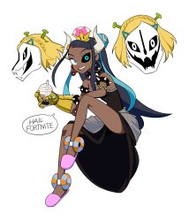 Rule 34 | 1girl, absurdres, antennae, armlet, avengers: infinity war, avengers (series), bare shoulders, black dress, black sclera, blonde hair, blue eyes, blue hair, bowsette, bowsette (cosplay), bracelet, braid, breasts, bubble tea, colored sclera, cosplay, creatures (company), crown, crown braid, cup, dark-skinned female, dark skin, diamond (gemstone), dress, drink, drinking straw, earrings, english text, female focus, fidget spinner, flowers-imh, fortnite, full body, game freak, gauntlets, gym leader, hair ornament, hairclip, happy, heterochromia, highres, holding, holding poke ball, hoop earrings, horns, infinity gauntlet, invisible chair, jewelry, jpeg artifacts, leg up, long hair, looking at viewer, mario (series), marvel, marvel cinematic universe, meme, minecraft, mismatched earrings, multicolored hair, nessa (pokemon), new super mario bros. u deluxe, nintendo, open mouth, pink footwear, pink headwear, poke ball, poke ball (basic), pokemon, pokemon swsh, princess zelda, princess zelda (cosplay), sans (undertale), short hair, shrek (series), simple background, single gauntlet, sitting, skull, slippers, small breasts, smile, solo focus, speech bubble, spiked bracelet, spikes, strapless, strapless dress, super crown, talking, teeth, the legend of zelda, the legend of zelda: breath of the wild, the legend of zelda: tears of the kingdom, two-tone hair, undertale, very long hair, white background, white eyes
