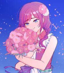 Rule 34 | 1girl, bare arms, bare shoulders, blue background, blue eyes, blush, braid, cele (310v3), closed mouth, commentary, day, dress, flower, hair flower, hair ornament, hair over shoulder, highres, holding, long hair, mole, mole under eye, petals, pink flower, plaid, red flower, shirt, sleeveless, sleeveless dress, smile, solo, susukino rinko, upper body, zanki zero