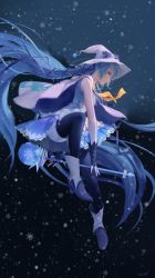 Rule 34 | 1girl, artist name, bad id, bad pixiv id, blue hair, boots, cape, fingerless gloves, gloves, hat, hatsune miku, highres, jn3, long hair, magical girl, night, skirt, smile, snow, snowflakes, snowing, solo, thighhighs, twintails, very long hair, vocaloid, wand, witch hat, yuki miku