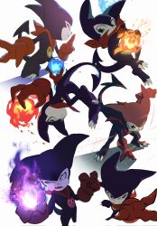Rule 34 | 1boy, 1other, artist name, bandana, bandana around neck, blue fire, colored skin, commentary request, demon, demon tail, digimon, digimon (creature), fewer digits, fire, from above, full body, gloves, green eyes, highres, impmon, light rays, multicolored skin, multiple views, purple fire, purple skin, red bandana, red gloves, shadow, sharp teeth, shinbiko, simple background, smiley face, tail, teeth, two-tone skin, upper body, white background, white skin