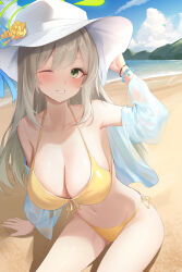 Rule 34 | 1girl, absurdres, beach, bikini, blonde hair, blue archive, blue sky, blush, bracelet, breasts, cloud, collarbone, flower, green eyes, halo, hat, hat flower, highres, jewelry, large breasts, long hair, looking at viewer, navel, nonomi (blue archive), nonomi (swimsuit) (blue archive), off shoulder, one eye closed, outdoors, parted lips, sand, sellf, shirt, sitting, sky, solo, stomach, sun hat, swimsuit, teeth, thighs, white shirt, yellow bikini