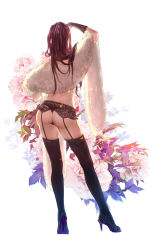 Rule 34 | 1girl, arm up, ass, back, bare shoulders, black hair, black panties, black thighhighs, contrapposto, feet, floral background, flower, from behind, full body, fur trim, garter belt, high heels, highres, huazha01, lace, legs apart, light particles, long hair, original, panties, purple footwear, sandals, shawl, shoes, solo, standing, thighhighs, thong, toeless footwear, toes, underwear, underwear only, white background