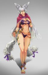 Rule 34 | 1girl, abs, animal ears, anklet, barefoot, breasts, cleavage, facial tattoo, feguimel, female focus, full body, gradient background, green eyes, grey hair, highres, jewelry, large breasts, legs, long hair, looking at viewer, midriff, muscular, navel, original, palms, solo, tattoo, thighs, toeless legwear, toes, toned, very long hair, watermark, web address, wristband