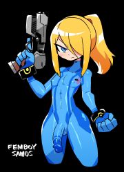 Rule 34 | 1boy, black background, blue bodysuit, blue eyes, blush, bodystocking, bodysuit, bodysuit condom, character name, clenched hands, closed mouth, covered erect nipples, covered penis, cowboy shot, cropped legs, frown, gun, hair over one eye, handgun, highres, holding, holding gun, holding weapon, looking at viewer, male focus, metroid, mole, mole under mouth, nintendo, one eye covered, penis, pistol, ponytail, rariatto (ganguri), samus aran, simple background, solo, trap, trigger discipline, weapon, zero suit