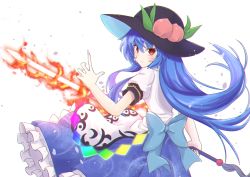 Rule 34 | 1girl, absurdres, apron, back, black hat, blouse, blue hair, blue ribbon, blue skirt, blush, closed mouth, commentary request, dress shirt, fire, flaming sword, flaming weapon, food, frilled skirt, frills, from behind, fruit, hair between eyes, hand up, hat, highres, hinanawi tenshi, holding, holding sword, holding weapon, leaf, long hair, looking at viewer, looking back, peach, petals, puffy short sleeves, puffy sleeves, rainbow order, ramie (ramie541), red eyes, ribbon, shirt, short sleeves, skirt, solo, sword, sword of hisou, touhou, weapon, white shirt