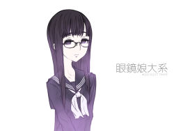 Rule 34 | 1girl, black hair, glasses, grey eyes, kazuoki, monochrome, original, purple theme, school uniform, serafuku, simple background, solo